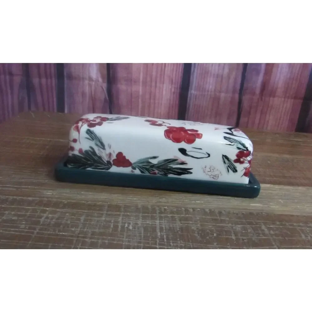 Anthropologie Christmas Holly & Pear Butter Dish Retired Holiday Stoneware